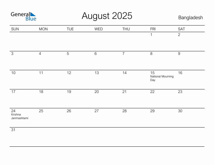 Printable August 2025 Calendar for Bangladesh