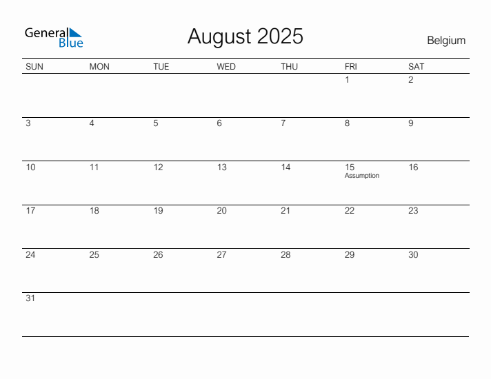Printable August 2025 Calendar for Belgium