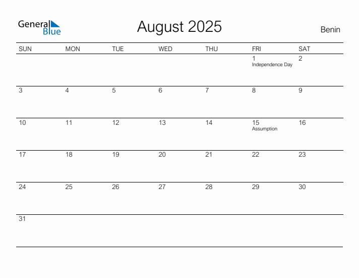 Printable August 2025 Calendar for Benin