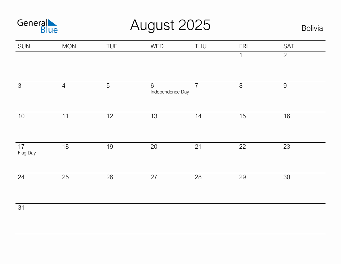 Printable August 2025 Monthly Calendar with Holidays for Bolivia