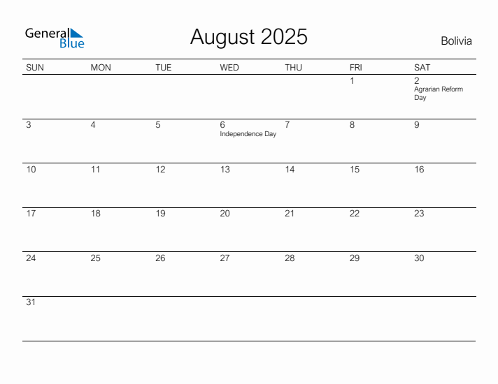 Printable August 2025 Calendar for Bolivia