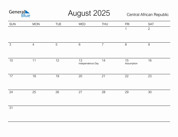 Printable August 2025 Calendar for Central African Republic