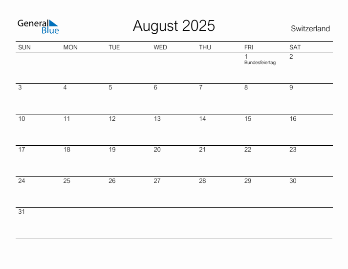 Printable August 2025 Calendar for Switzerland