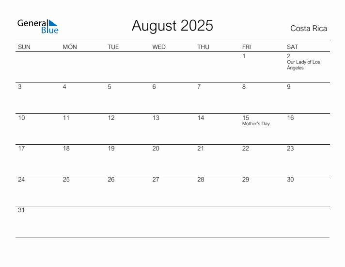 Printable August 2025 Calendar for Costa Rica