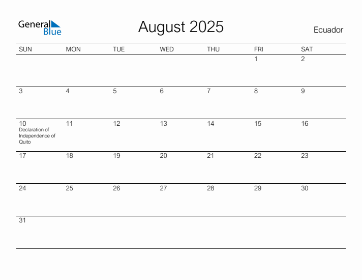 Printable August 2025 Calendar for Ecuador