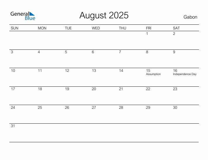Printable August 2025 Calendar for Gabon