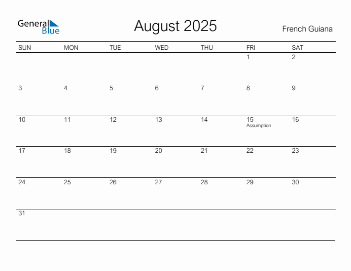Printable August 2025 Calendar for French Guiana