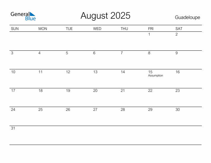 Printable August 2025 Calendar for Guadeloupe