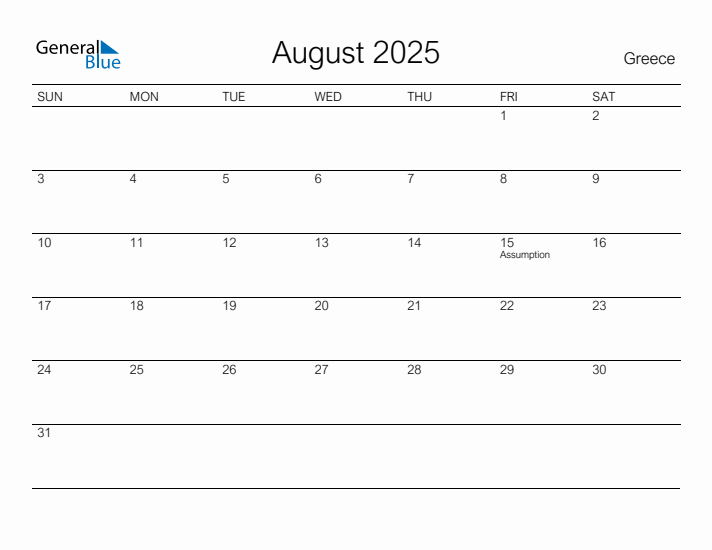 Printable August 2025 Calendar for Greece