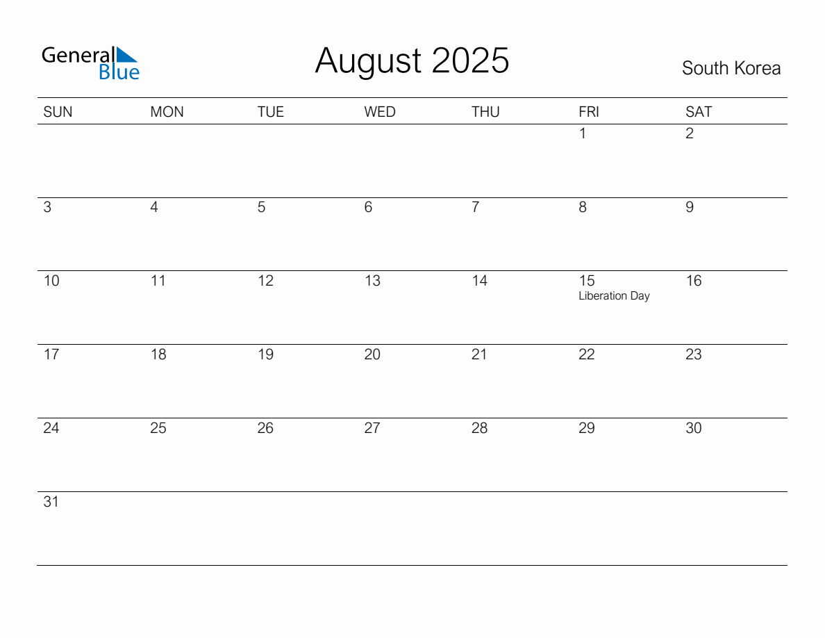 Printable August 2025 Monthly Calendar with Holidays for South Korea