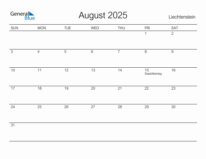 Printable August 2025 Calendar for Liechtenstein