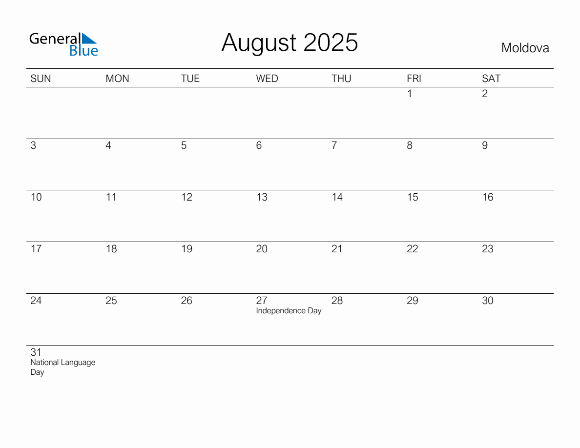 Printable August 2025 Monthly Calendar with Holidays for Moldova