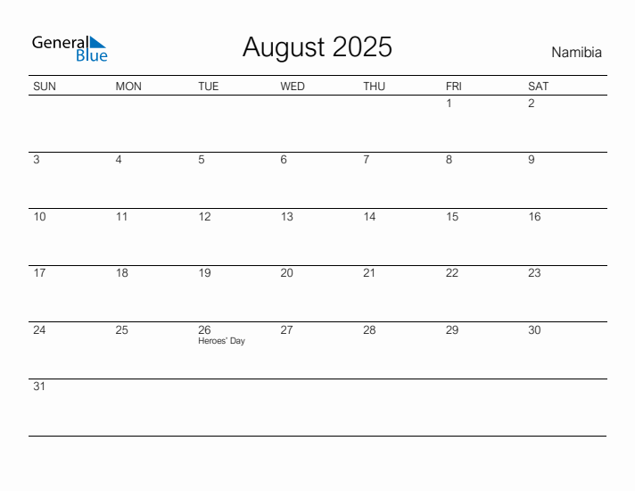 Printable August 2025 Calendar for Namibia