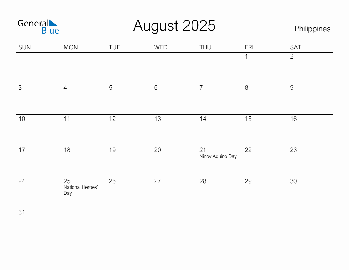 Printable August 2025 Monthly Calendar with Holidays for Philippines