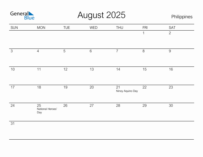 Printable August 2025 Calendar for Philippines