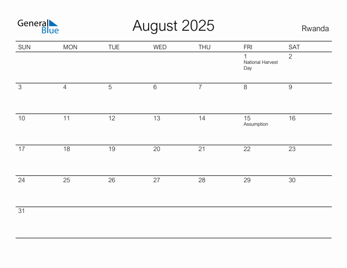 Printable August 2025 Calendar for Rwanda