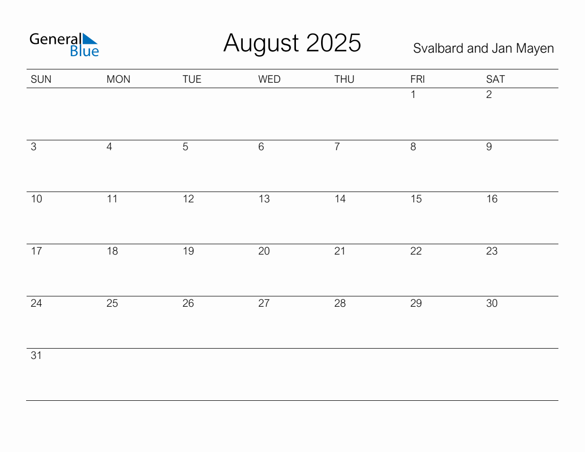 Printable August 2025 Monthly Calendar with Holidays for Svalbard and