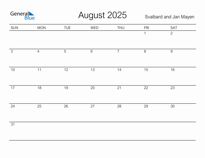 Printable August 2025 Calendar for Svalbard and Jan Mayen