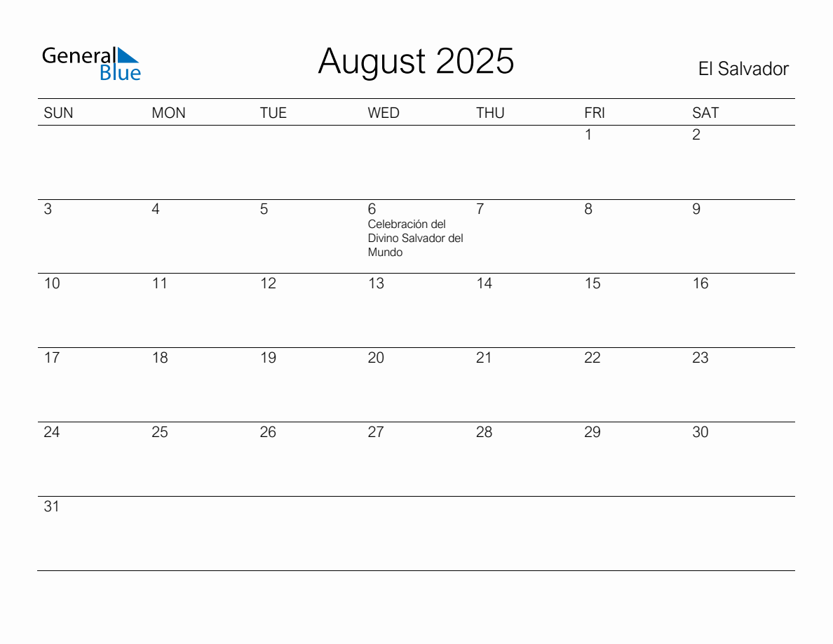 Printable August 2025 Monthly Calendar with Holidays for El Salvador