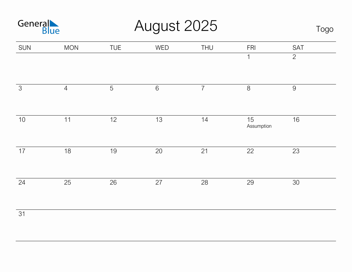 Printable August 2025 Monthly Calendar with Holidays for Togo