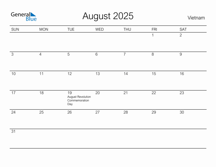 August 2025 Calendar with Vietnam Holidays