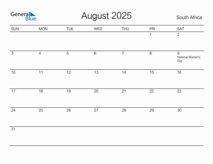 August 2025 Monthly Calendar with South Africa Holidays