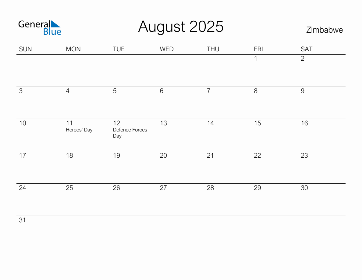 Printable August 2025 Monthly Calendar with Holidays for Zimbabwe