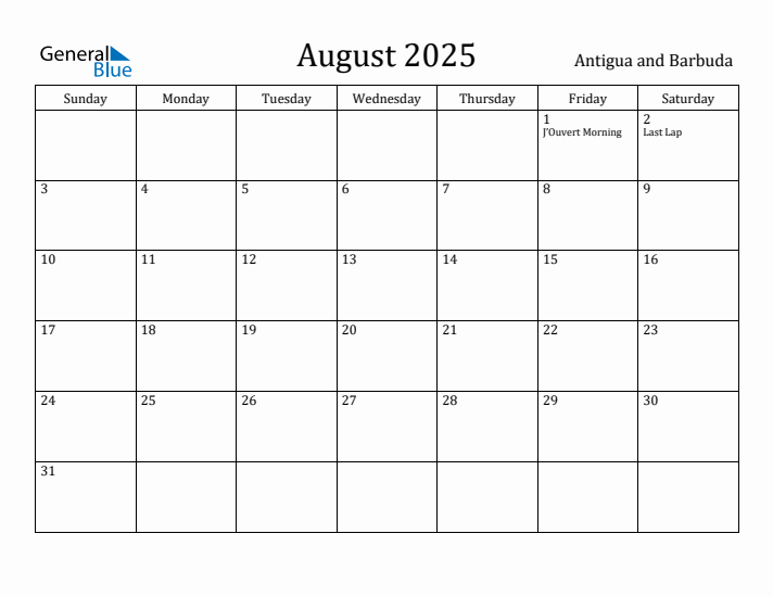 August 2025 Calendar Antigua and Barbuda