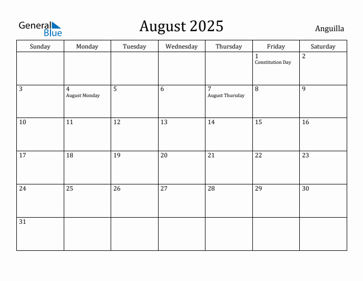August 2025 Calendar Anguilla