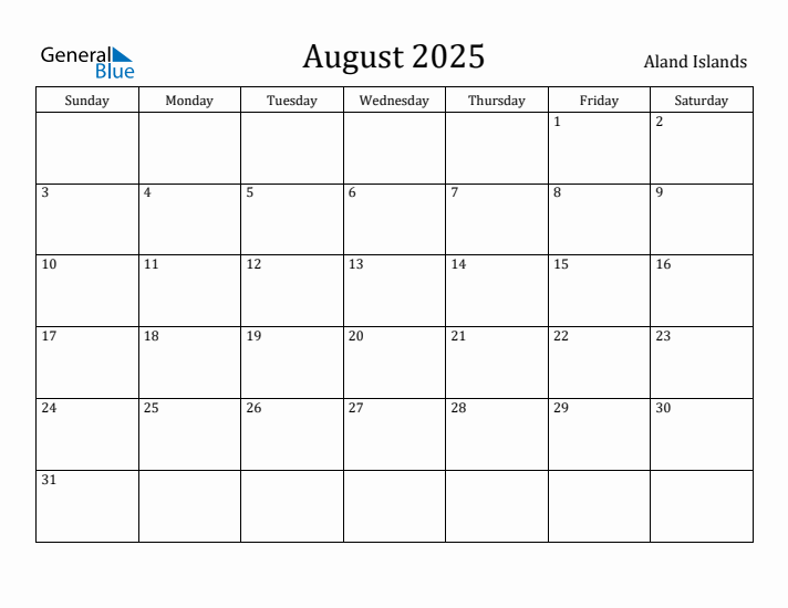 August 2025 Calendar Aland Islands
