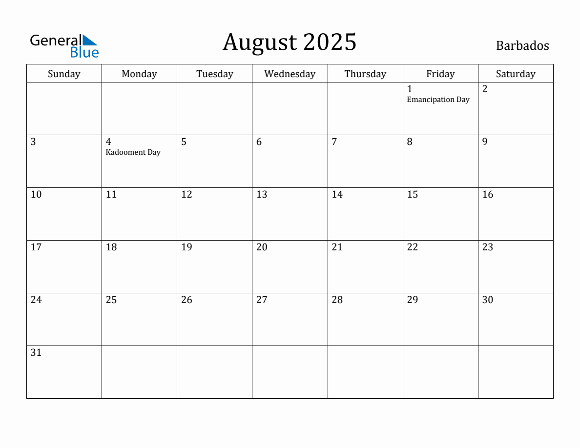 August 2025 Monthly Calendar with Barbados Holidays