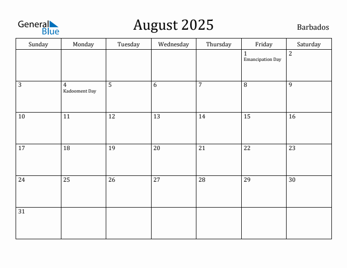 August 2025 Calendar Barbados