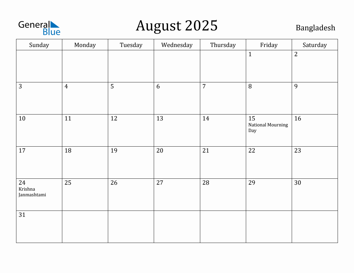 August 2025 Monthly Calendar with Bangladesh Holidays