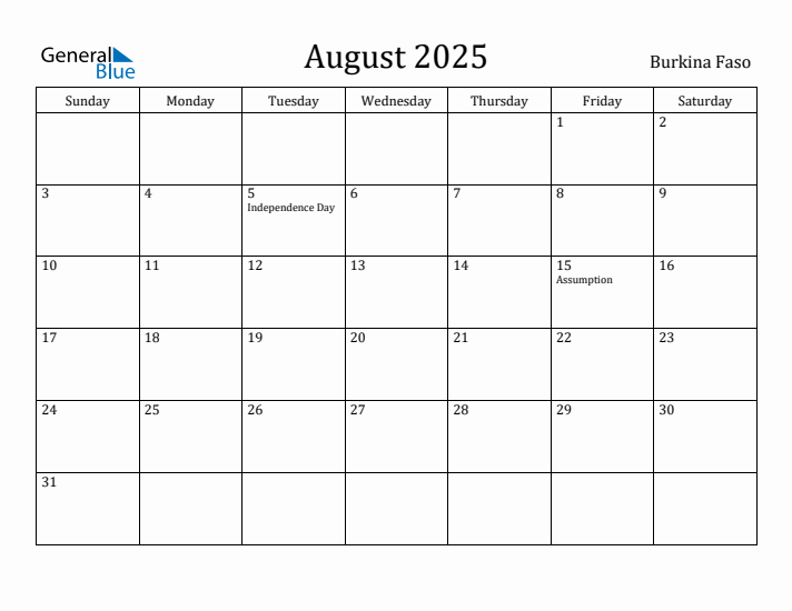 August 2025 Calendar Burkina Faso