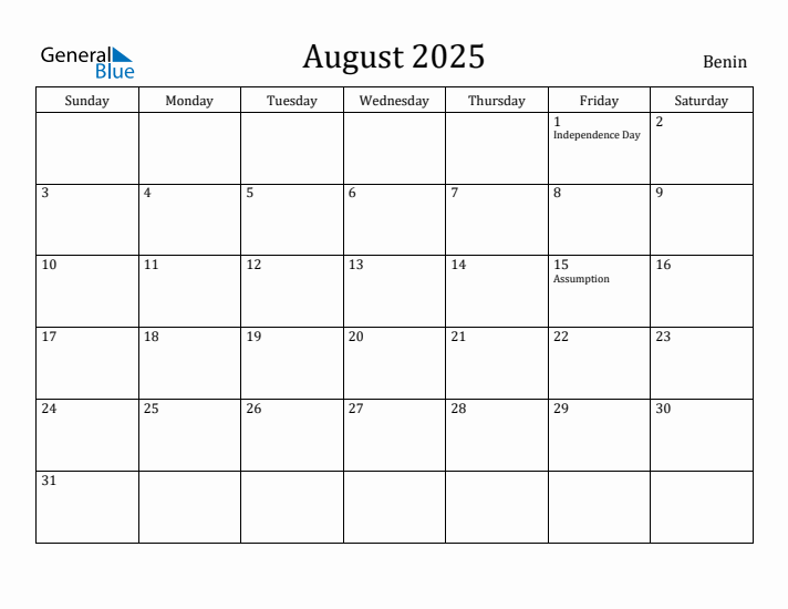 August 2025 Calendar Benin
