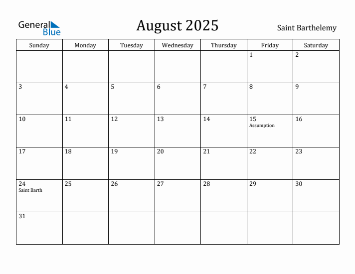 August 2025 Calendar Saint Barthelemy