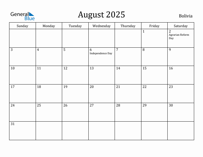 August 2025 Calendar Bolivia