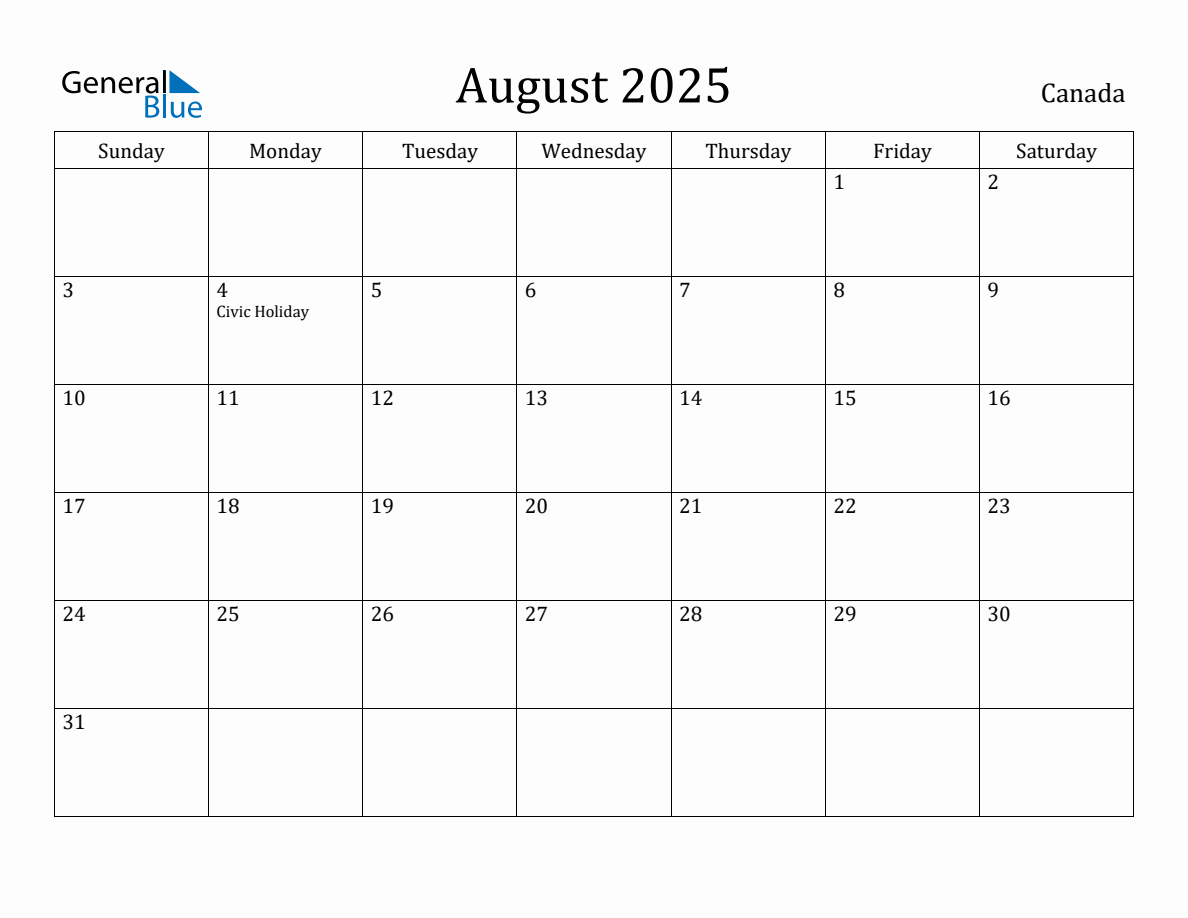 August 2025 Monthly Calendar with Canada Holidays