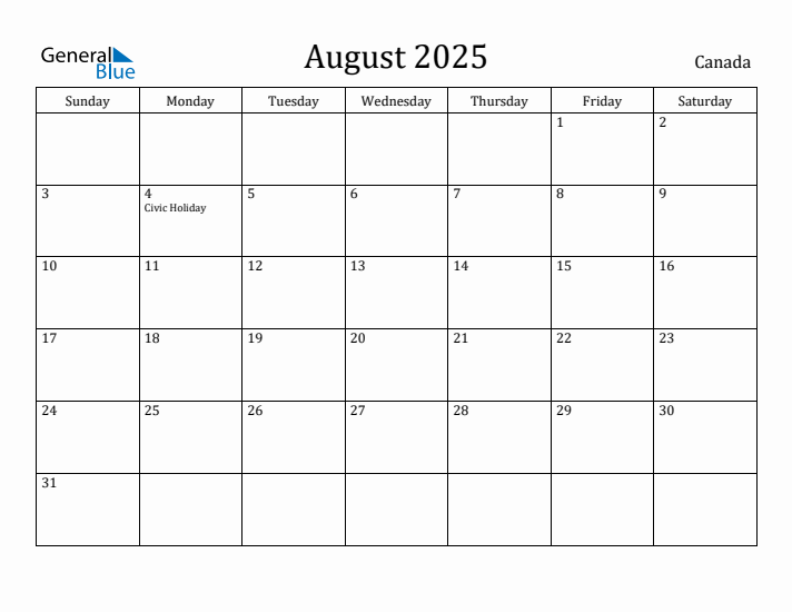 August 2025 Calendar Canada
