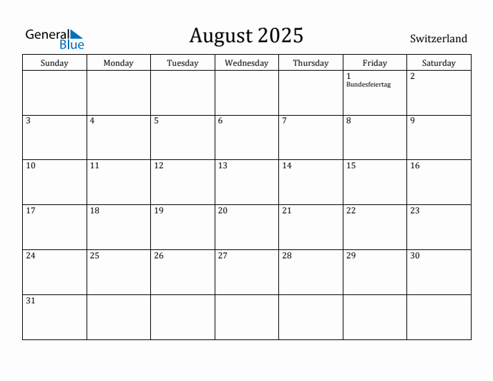 August 2025 Calendar Switzerland