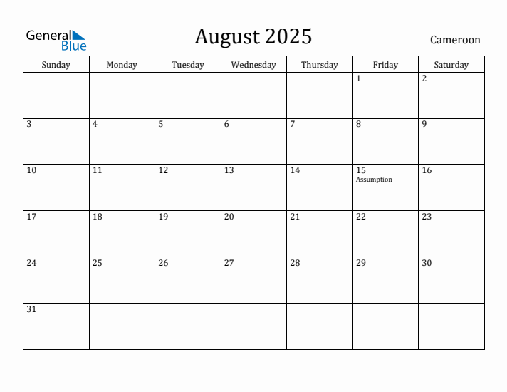 August 2025 Calendar Cameroon