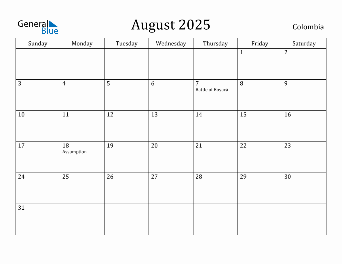 August 2025 Monthly Calendar with Colombia Holidays