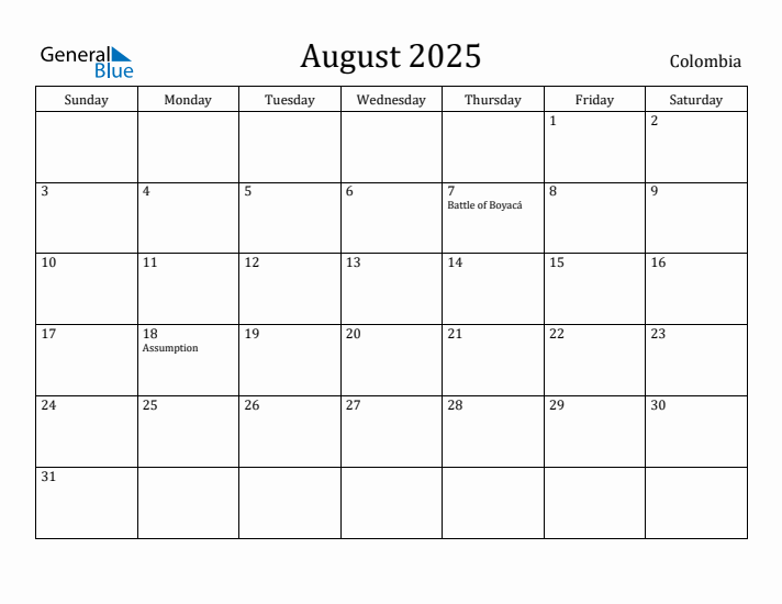 August 2025 Calendar Colombia