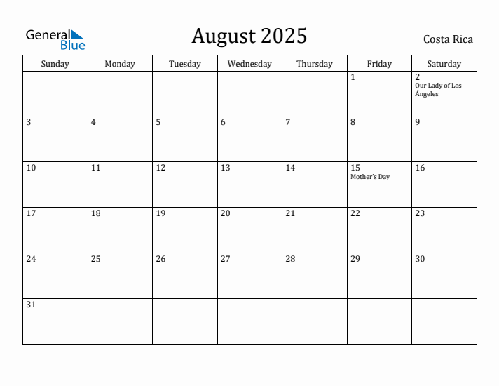 August 2025 Calendar Costa Rica