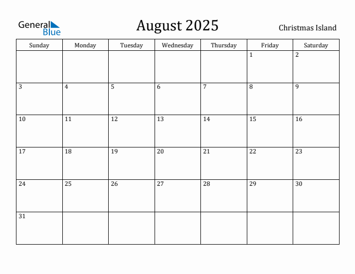 August 2025 Calendar Christmas Island