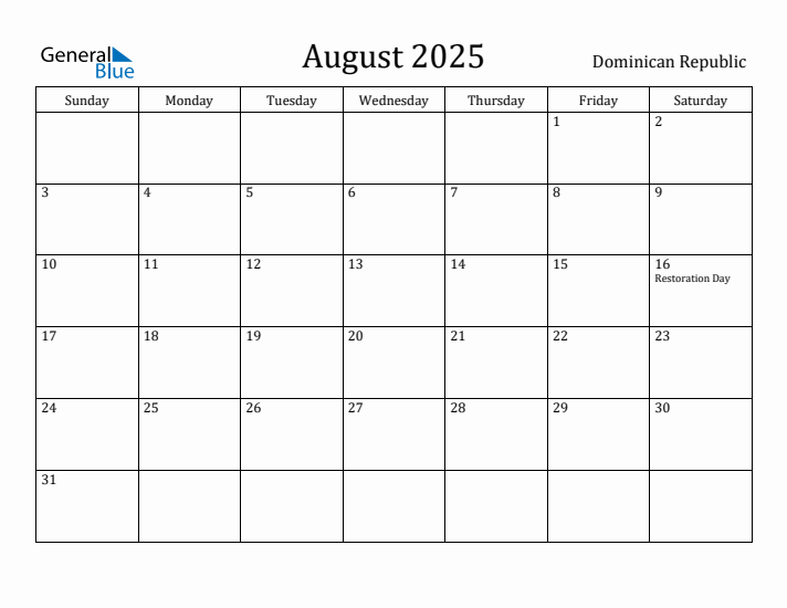 August 2025 Calendar Dominican Republic