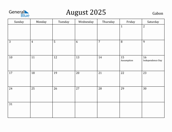 August 2025 Calendar Gabon
