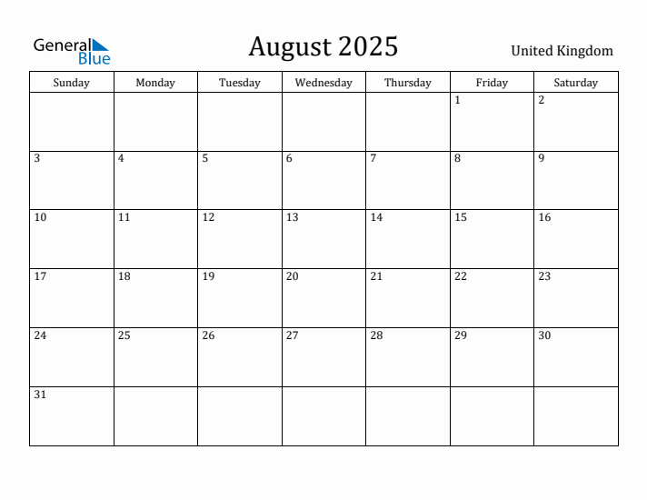 August 2025 Calendar United Kingdom