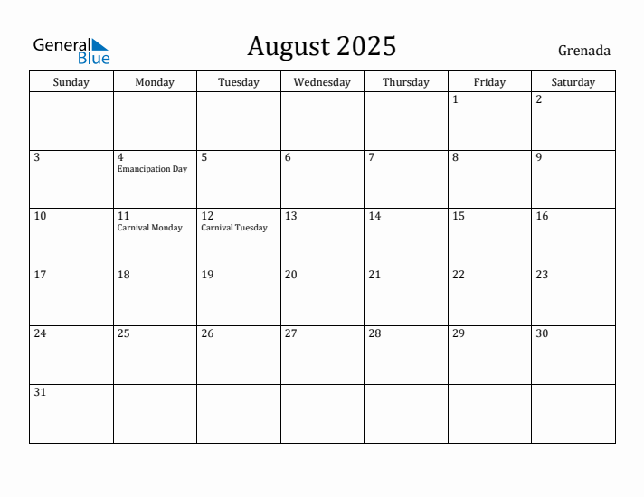 August 2025 Calendar Grenada