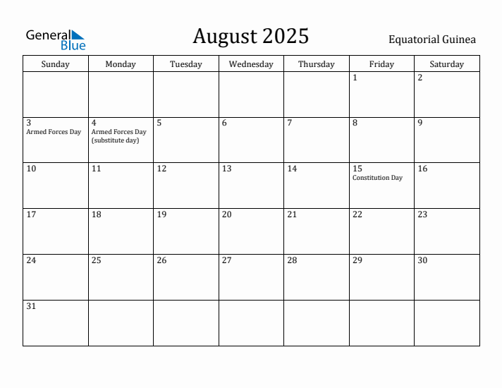 August 2025 Calendar Equatorial Guinea